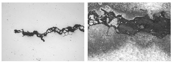 圖16-21 裂紋形貌 100&times; 圖16-22 裂紋放大形貌 500&times;